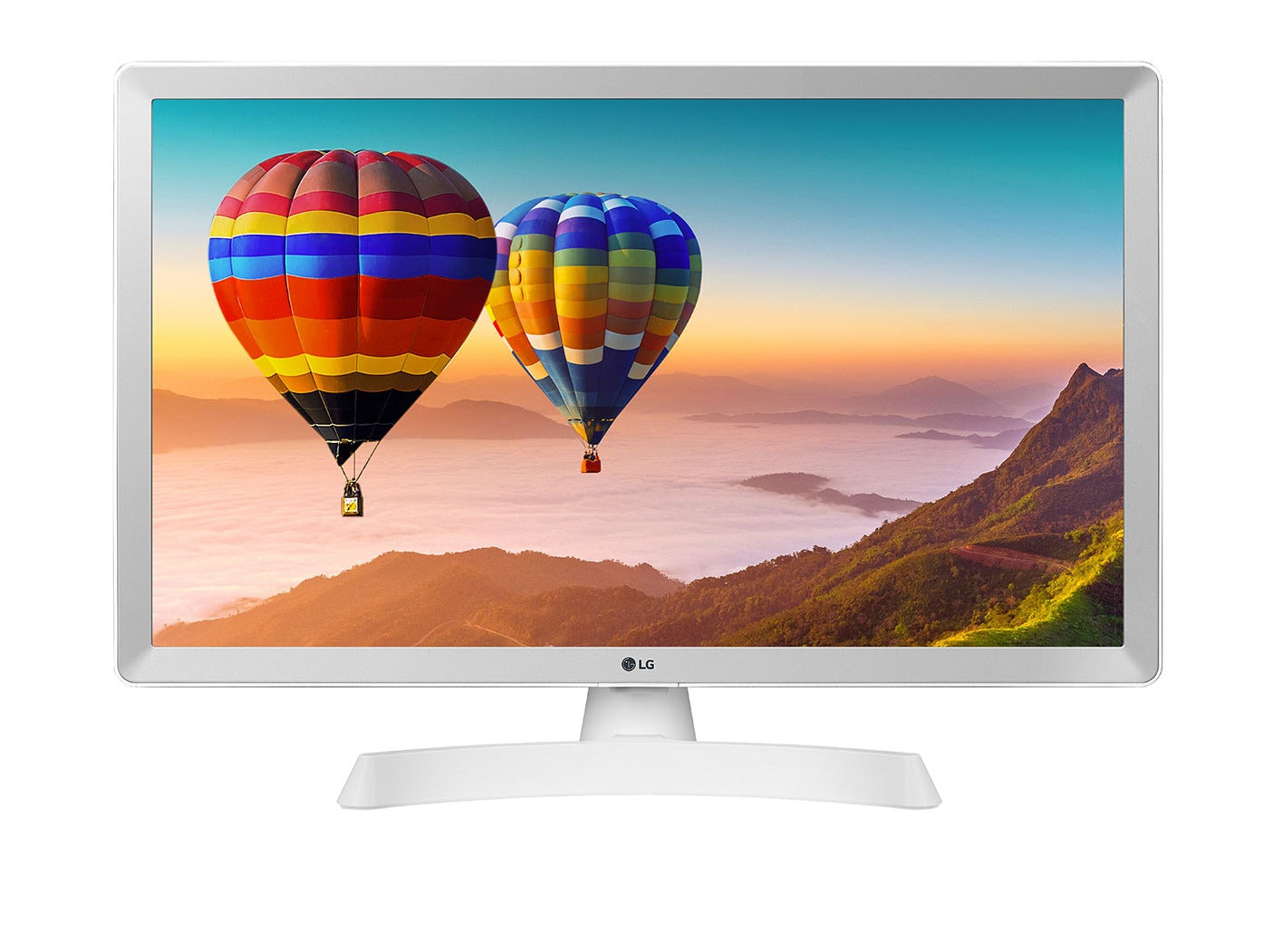 LG 24TQ510S-WZ Smart TV Monitor előlnézetben talpon. A kijelzőn hegyvidék felett repülő léggömbök.