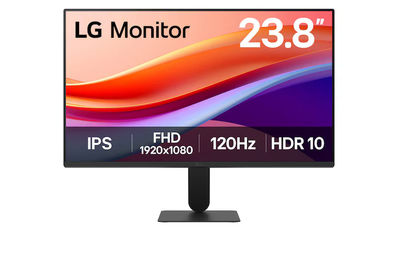 LG 24U411A-B Monitor előlnézetben talpon, enyhén balra fordítva. A kijelzőn a főbb paraméterek és kékes narancssárga absztrakt színek.
