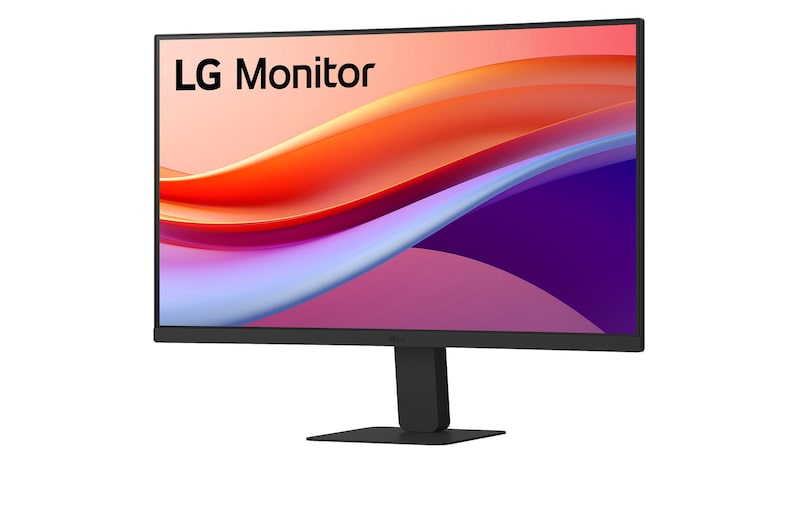 LG 24U421A-B Monitor előlnézetben enyhén balra fordítva, talpon. A kijelzőn lilás narancssárga absztrakt ábra.