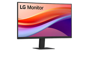 LG 24U421A-B Monitor előlnézetben enyhén jobbra fordítva, talpon. A kijelzőn lilás narancssárga absztrakt ábra.