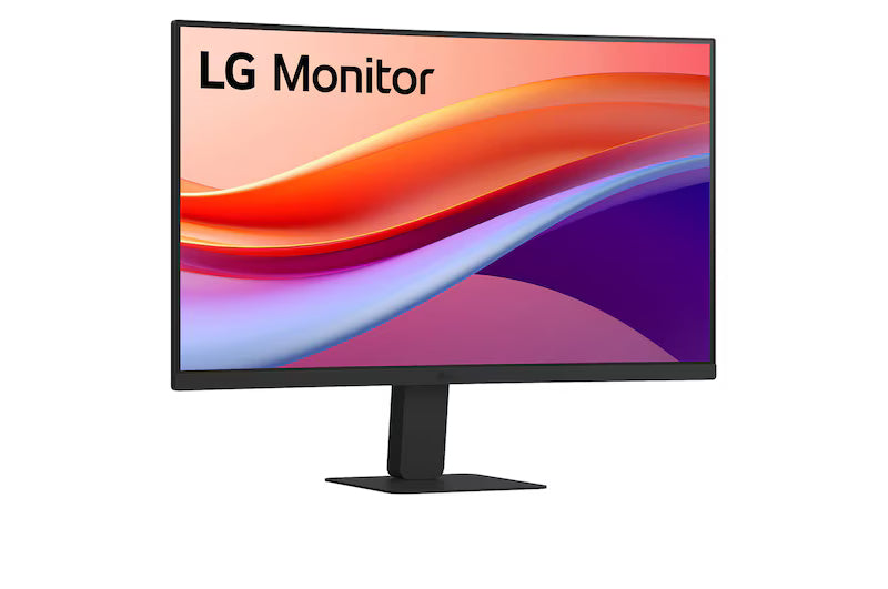 LG 24U421A-B Monitor előlnézetben enyhén jobbra fordítva, talpon. A kijelzőn lilás narancssárga absztrakt ábra.