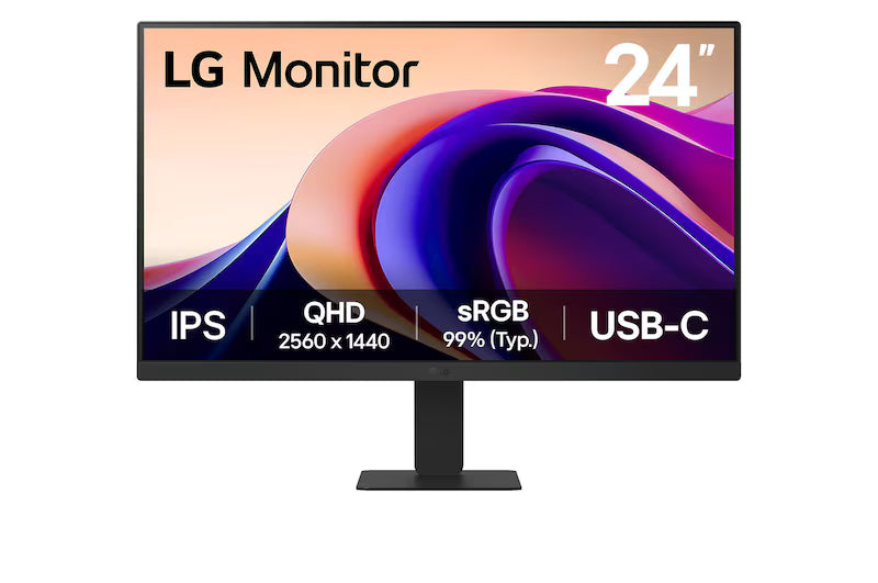 LG 24U631A-B Monitor előlnézetben, talpon. A kijelzőn lilás narancssárga absztrakt ábra és a lényeges paraméterek.
