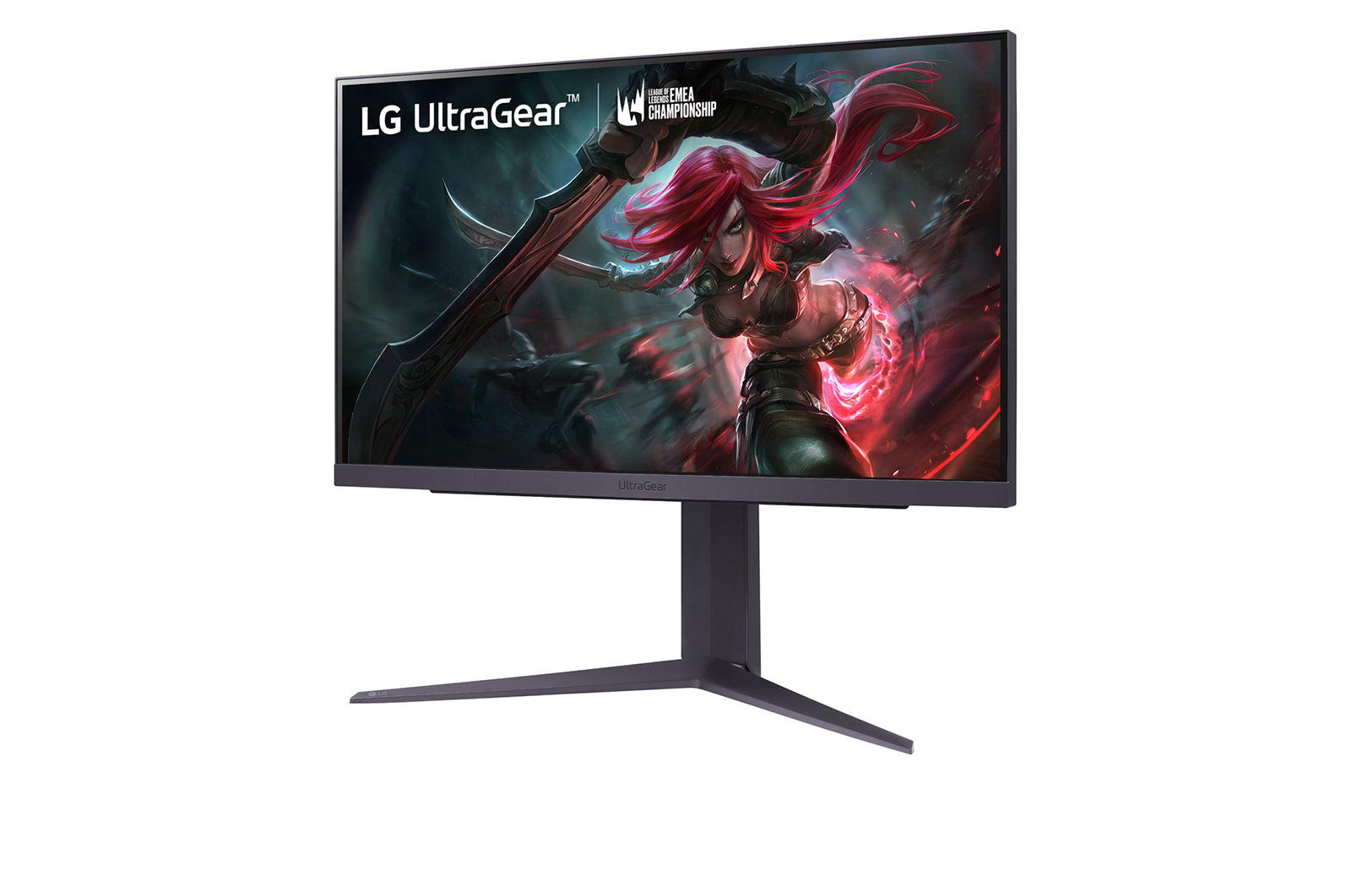 LG 25GR75FG-B Monitor előlnézetben talpon, enyhén balra fordítva. A kijelzőn LoL hős támadás, ultragear és emea championship logó.