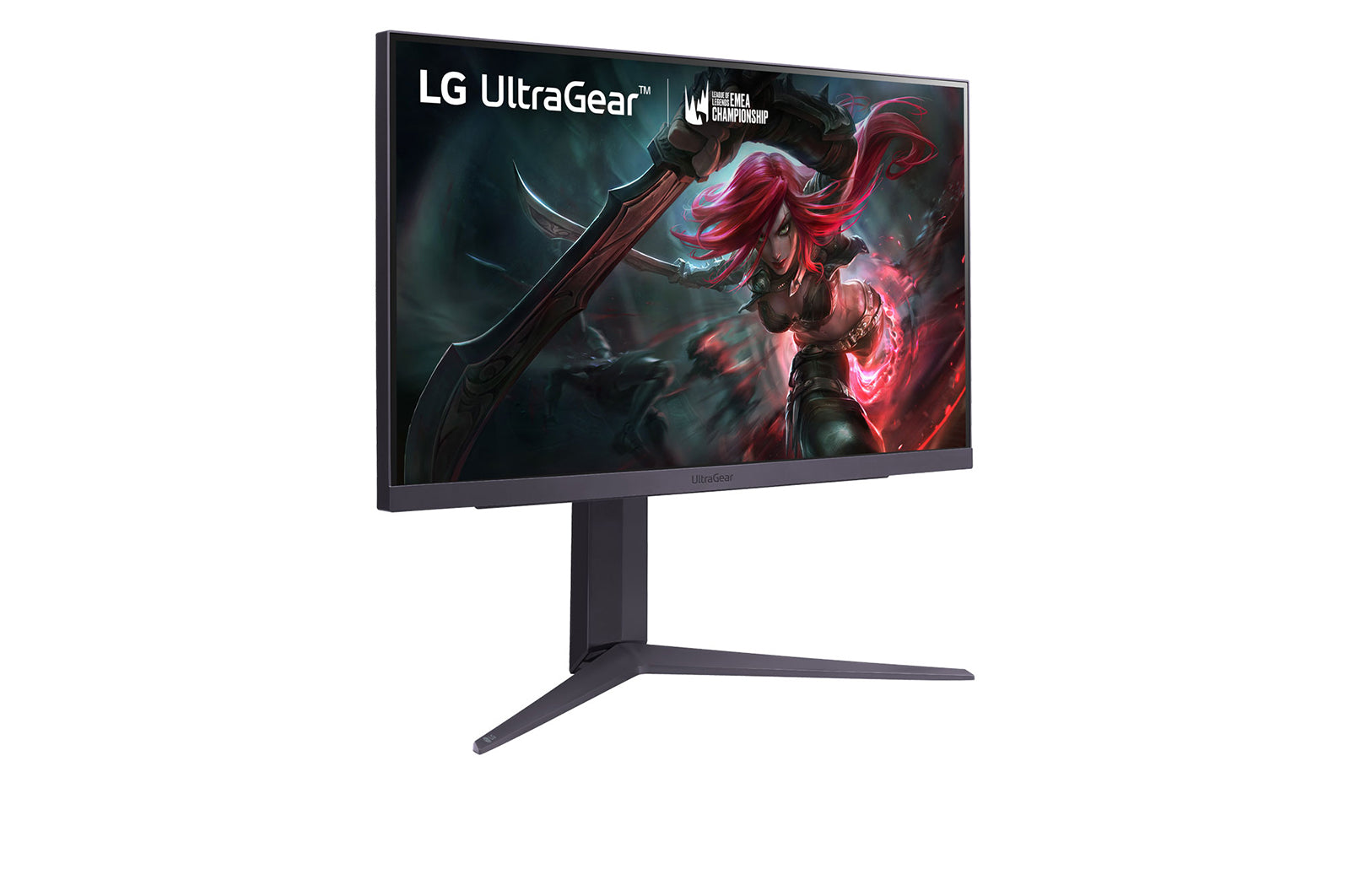 LG 25GR75FG-B Monitor előlnézetben talpon, jobbra fordítva. A kijelzőn LoL hős támadás, ultragear és emea championship logó.