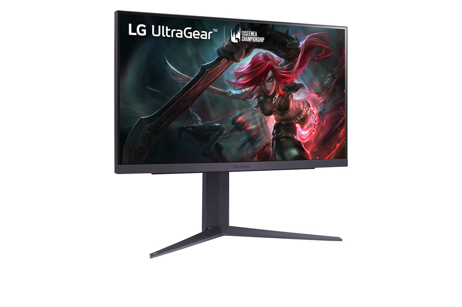 LG 25GR75FG-B Monitor előlnézetben talpon, enyhén jobbra fordítva. A kijelzőn LoL hős támadás, ultragear és emea championship logó.