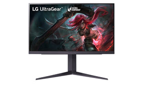 LG 25GR75FG-B Monitor előlnézetben talpon. A kijelzőn LoL hős támadás, ultragear és emea championship logó.