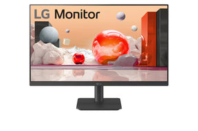 LG 25MS500-B Monitor előlnézetben, talpon. A képernyőn színes márvány szerű alakzatok.