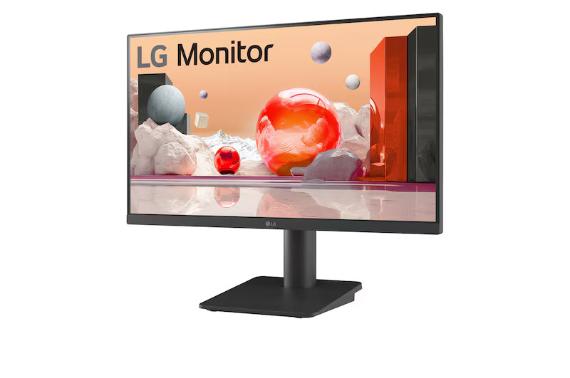 LG 25MS550-B Monitor előlnézetben talpon, enyhén balra fordítva. A képernyőn színes márvány szerű alakzatok.