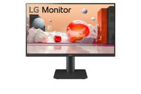 LG 25MS550-B Monitor előlnézetben, talpon. A képernyőn színes márvány szerű alakzatok.