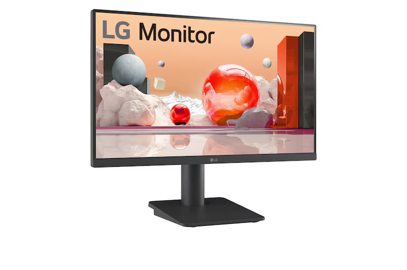 LG 25MS550-B Monitor előlnézetben talpon, enyhén jobbra fordítva. A képernyőn színes márvány szerű alakzatok.