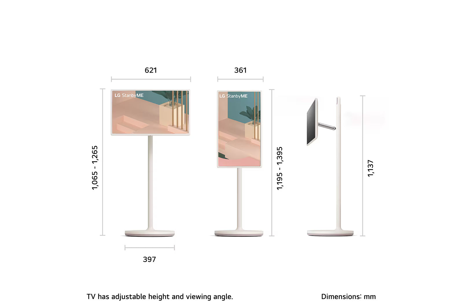 LG 27ART10AKPL Monitor méretei mm-ben.