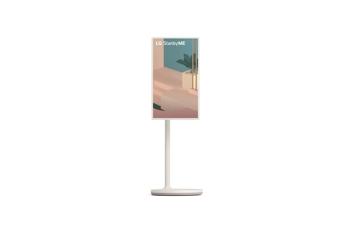 LG 27ART10AKPL Monitor előlnézetben, pivot módban elforgatva, balra tolva.