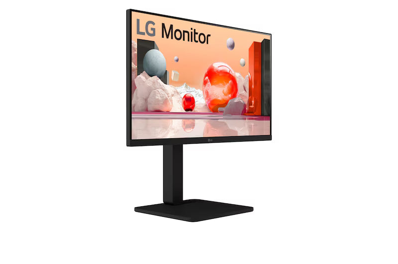 LG 27BA450-B Monitor előlnézetben, jobbra fordítva, talpon. A képernyőn színes márvány szerű alakzatok.