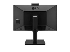 LG 24BP750C-B Monitor hátulnézetben, talpra szerelve, webkamera aktiválva.