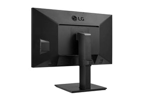 LG 24BP750C-B Monitor hátulnézetben enyhén balra fordítva, talpra szerelve.