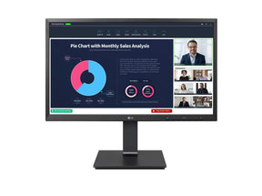 LG 24BP750C-B Monitor előlnézetben, talpra szerelve. A kijelzőn üzleti meeting és diagramok.