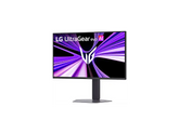 LG 27GM950B Monitor előlnézetben talpon, enyhén balra fordítva. A kijelzőn lilás absztrakt ábra ls lg ultragear evo ai logó.