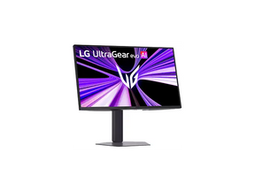 LG 27GM950B Monitor előlnézetben talpon, enyhén jobbra fordítva. A kijelzőn lilás absztrakt ábra ls lg ultragear evo ai logó.