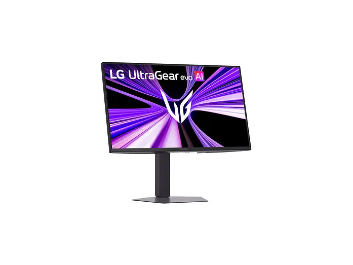 LG 27GM950B Monitor előlnézetben talpon, enyhén jobbra fordítva. A kijelzőn lilás absztrakt ábra ls lg ultragear evo ai logó.