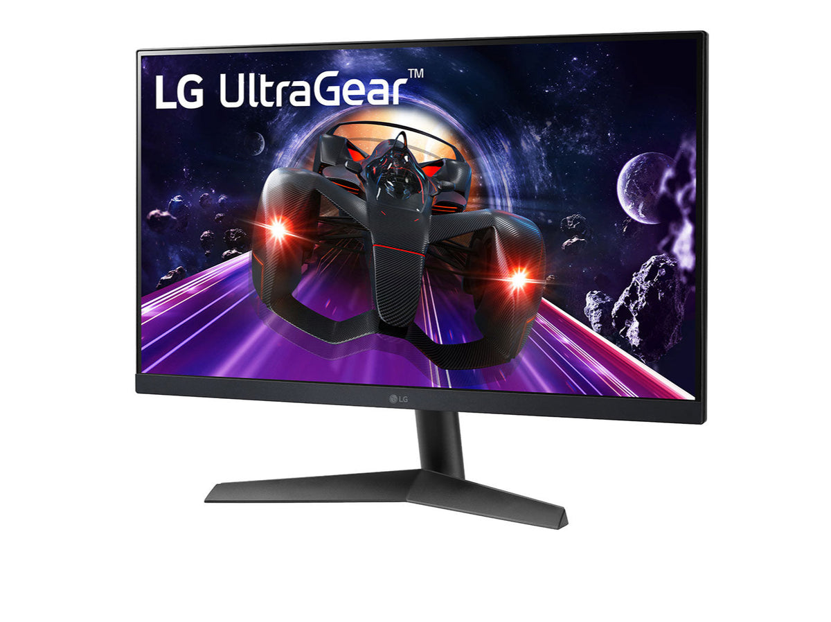 LG 27" UltraGear FHD 144Hz 1ms IPS Gamer Monitor enyhén elfordítva, versenyautó az űrben, ultragear logó a kijelzőn, 27GN60R-B