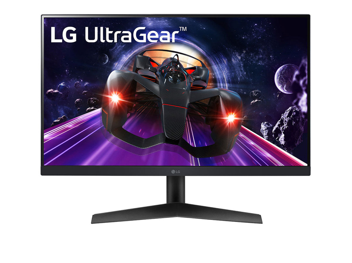LG 27" UltraGear FHD 144Hz 1ms IPS Gamer Monitor előlnézetben, versenyautó az űrben, ultragear logó a kijelzőn, 27GN60R-B