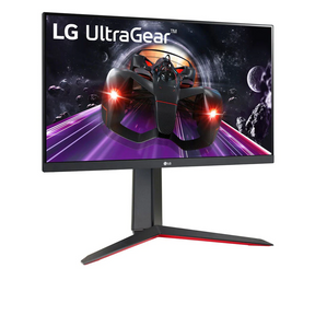 LG 27" UltraGear FHD 144Hz 1ms IPS Gamer Monitor előlnézet enyhén jobbra fordítva, 27GN65R-B