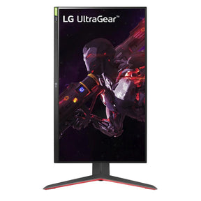LG 27GP83B-B 2K Gamer Monitor előlnézetben pivot módban elforgatva, talpon. A kijelzőn LG UltraGear logo és egy robot az űrben.
