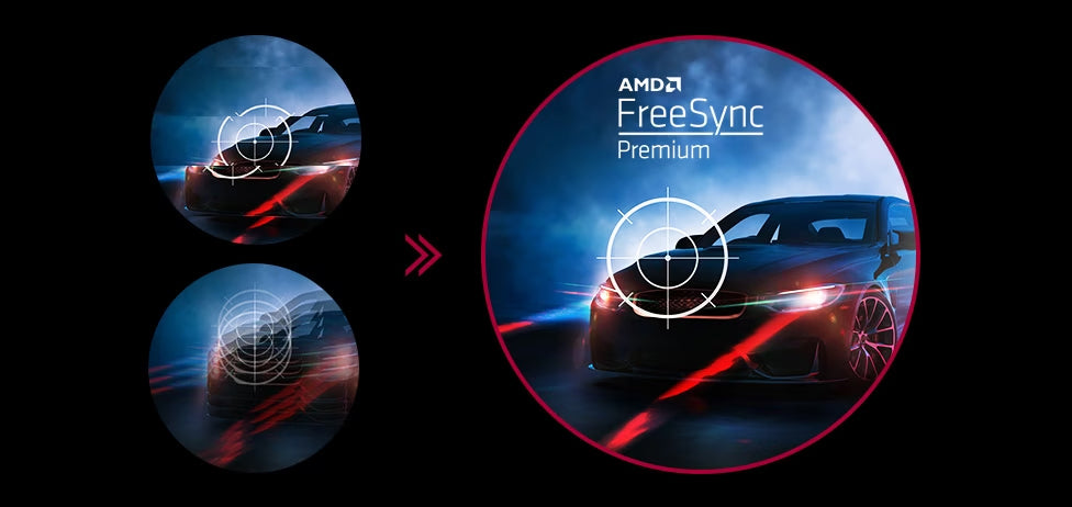 Sportautó mozgásával szemléltetve a FreeSync premium technológia elmosódás és akadozásmentes működését.