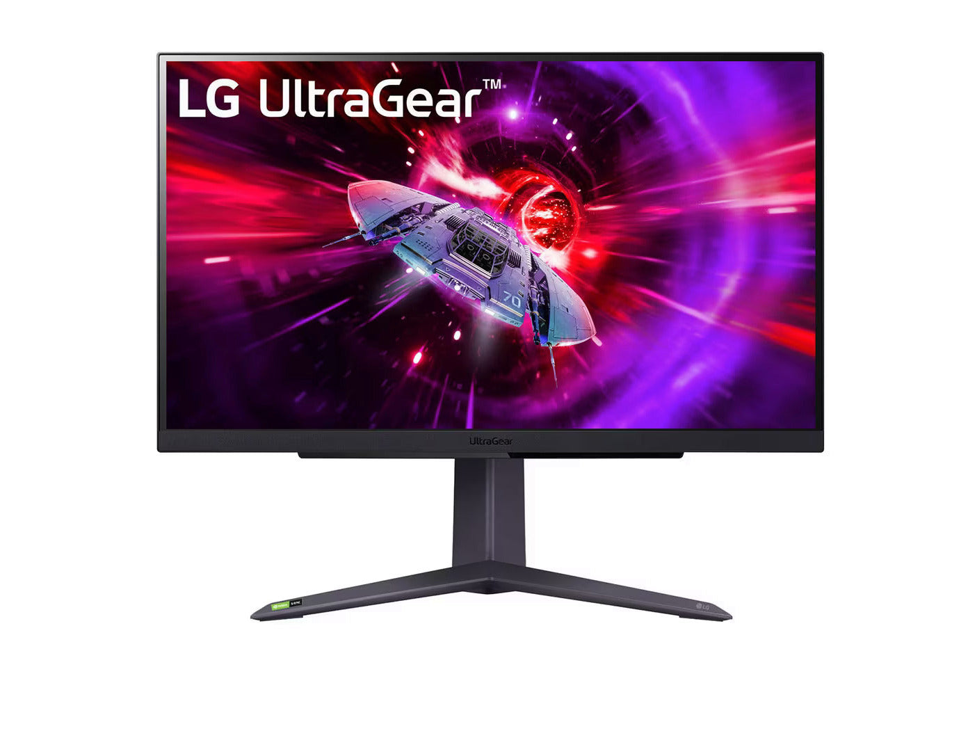 LG 27GR75Q-B 2K Gaming monitor előlnézetben talpon. A kijelzőn ultragear logó és lila színekben száguldó űrhajó.