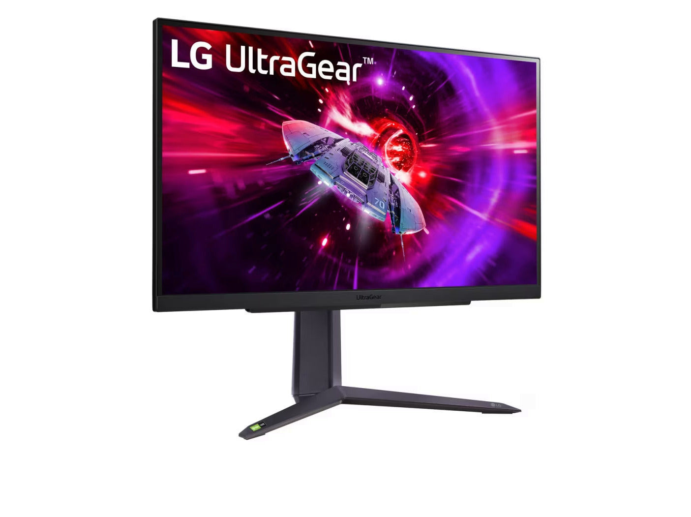 LG 27GR75Q-B 2K Gaming monitor előlnézetben talpon, enyhén jobbra fordítva. A kijelzőn ultragear logó és lila színekben száguldó űrhajó.