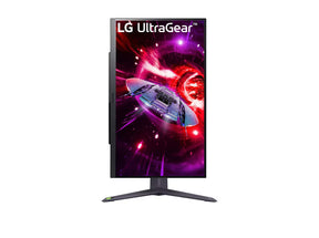LG 27GR75Q-B 2K Gaming monitor előlnézetben talpon, pivot módban elforgatva. A kijelzőn ultragear logó és lila színekben száguldó űrhajó.