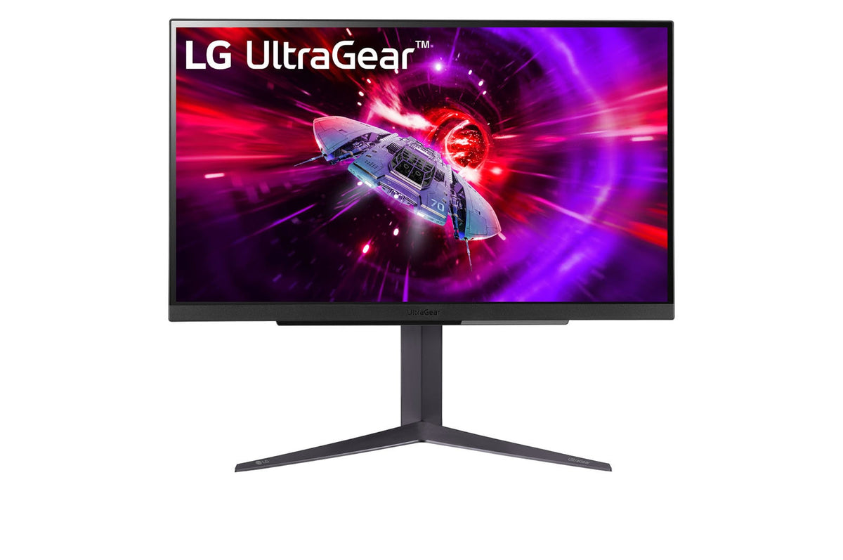 LG 27GR83Q-B Monitor előlnézetben talpon. A kijelzőn űrhajó gyorsít fénysebességre féreglyukon át és ultragear logó.