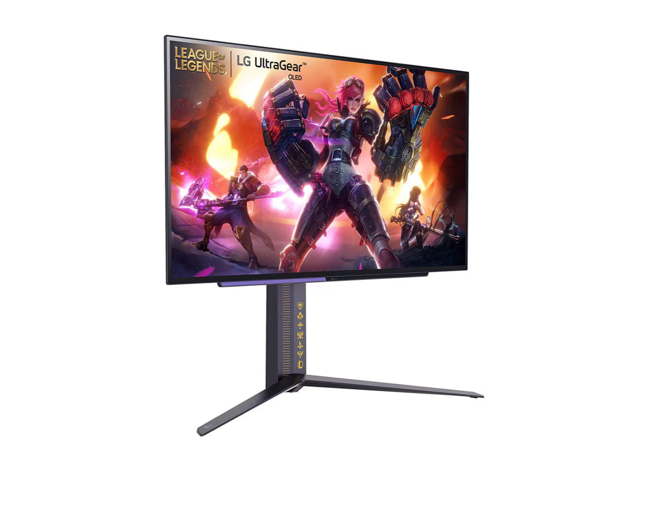 LG 27GR95QL UltraGear OLED monitor előlnézetben jobbra fordítva, talpon, a kijelzőn League of Legends hősök.