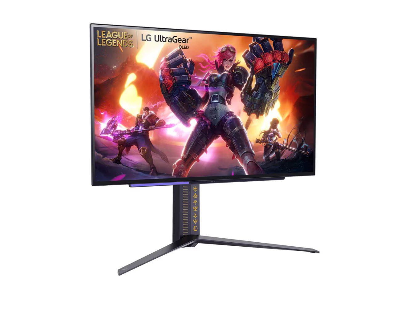 LG 27GR95QL UltraGear OLED monitor előlnézetben enyhén jobbra fordítva, talpon, a kijelzőn League of Legends hősök.