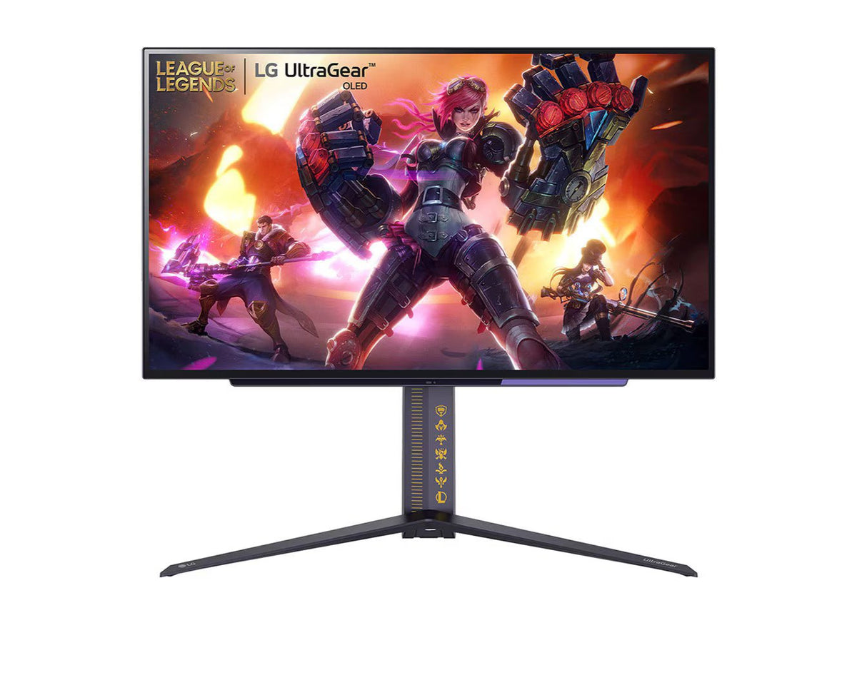 LG 27GR95QL UltraGear OLED monitor előlnézetben alpon. A kijelzőn League of Legends hősök.