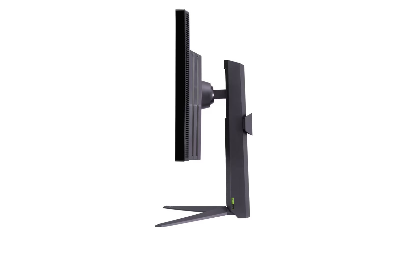 LG 27GR95UM-B Mini LED monitor oldalnézetben, talpon.