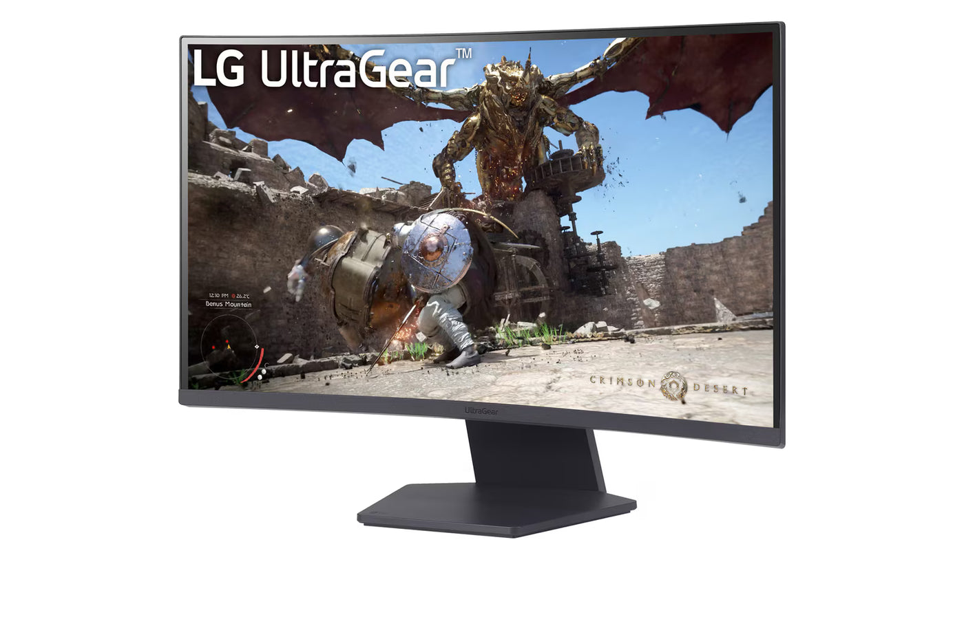 LG 27GS60QX-B Monitor előlnézetben enyén balra fordítva, talpon. A kijelzőn crimson desert játék pillanatkép és ultragear logó.