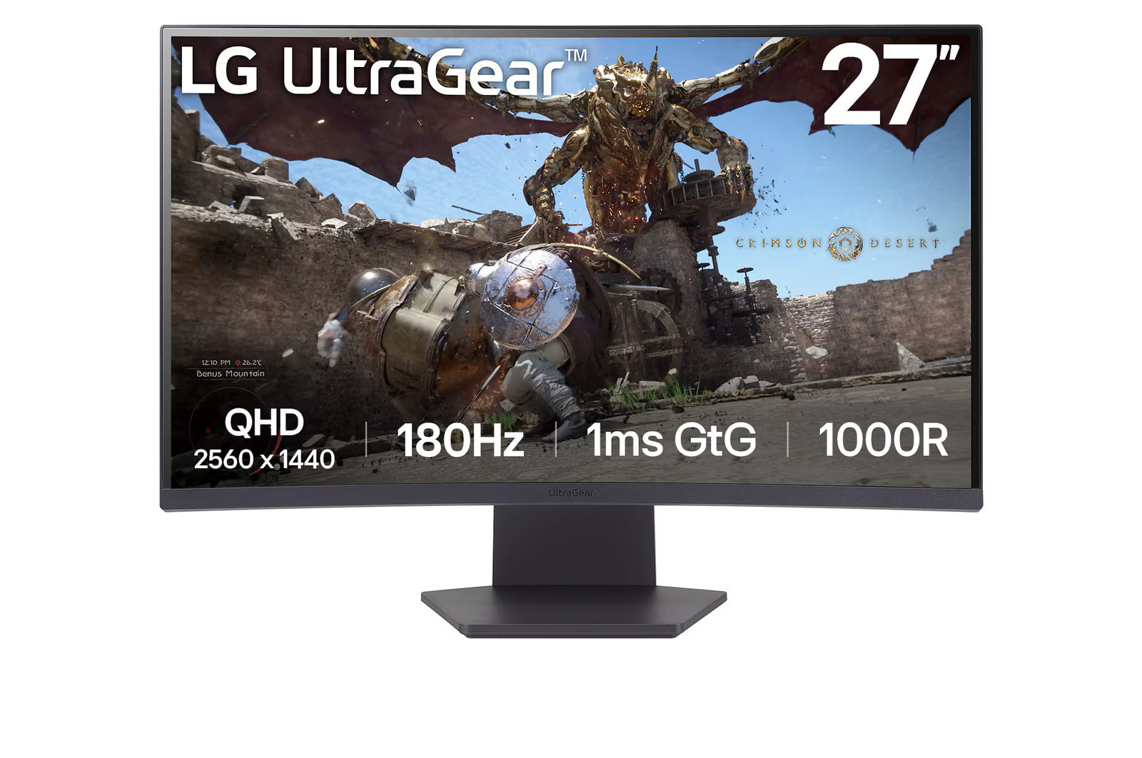 LG 27GS60QX-B Monitor előlnézetben talpon. A kijelzőn crimson desert játék pillanatkép és főbb paraméterek.