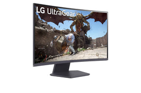 LG 27GS60QX-B Monitor előlnézetben jobbra fordítva, talpon. A kijelzőn crimson desert játék pillanatkép és ultragear logó.