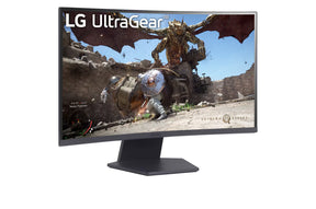 LG 27GS60QX-B Monitor előlnézetben enyén jobbra fordítva, talpon. A kijelzőn crimson desert játék pillanatkép és ultragear logó.