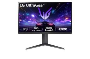 LG 27GS65F Monitor előlnézetben, talpon. A kijelzőn sport autó száguld lg ultragear logó alatt.