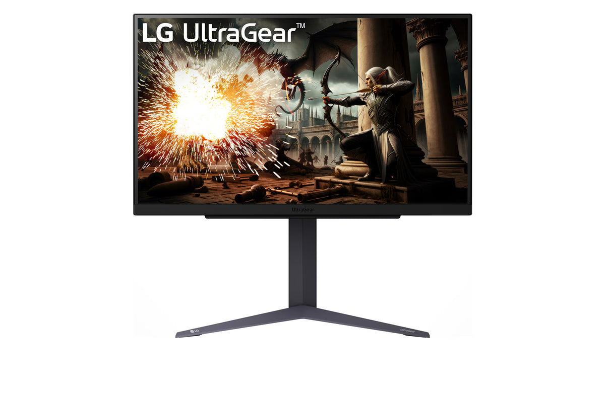 LG 27GS75Q-B Monitor előlnézetben talpon. A kijelzőn RPG játék pillanatkép és ultragear logó.