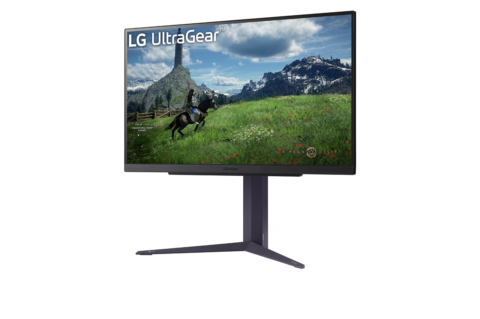 LG 27GS85Q-B előlnézetben talpon, enyhén balra fordítva. A kijelzőn crimson desert játék pillanatkép.