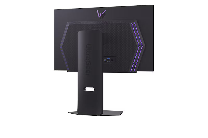 LG 27GX700A-B Monitor hátulnézetben talpon, enyhén jobbra fordítva.