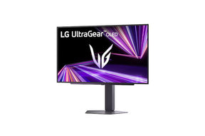 LG 27GX704A-B Monitor előlnézetben talpon, enyhén balra fordítva. A kijelzőn lilás absztrakt ábra és ultragear oled logó.