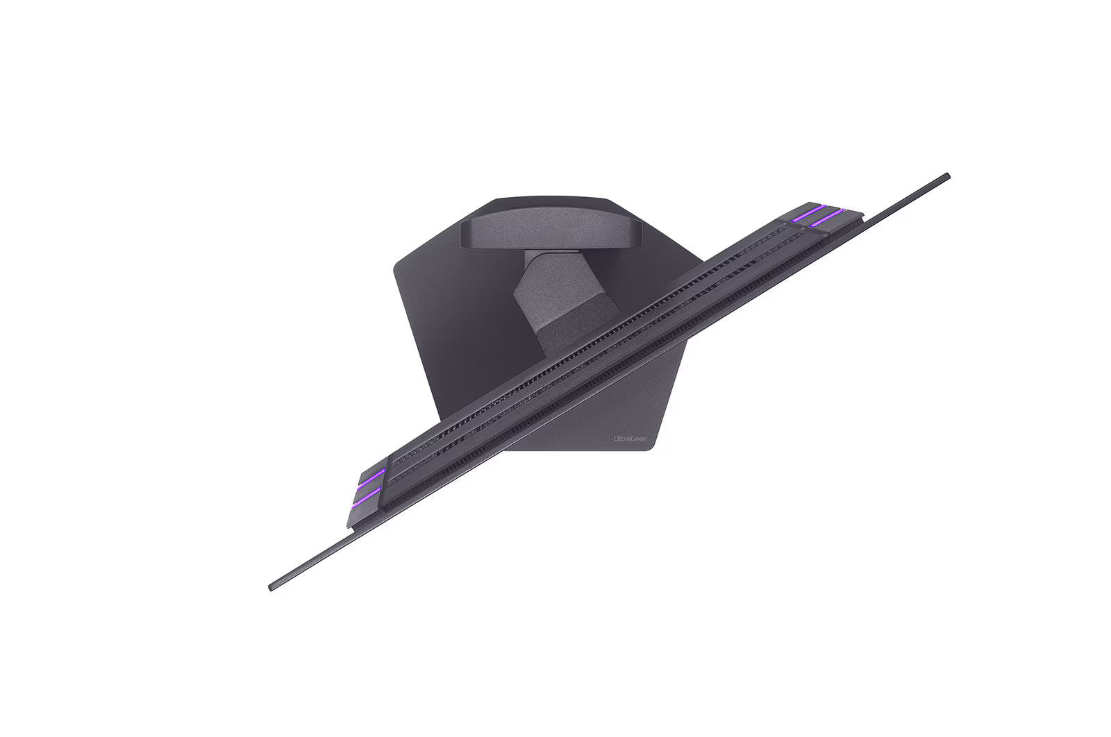 LG 27GX790A-B Monitor felülnézetben talpon, swivel módban jobbra fordítva.