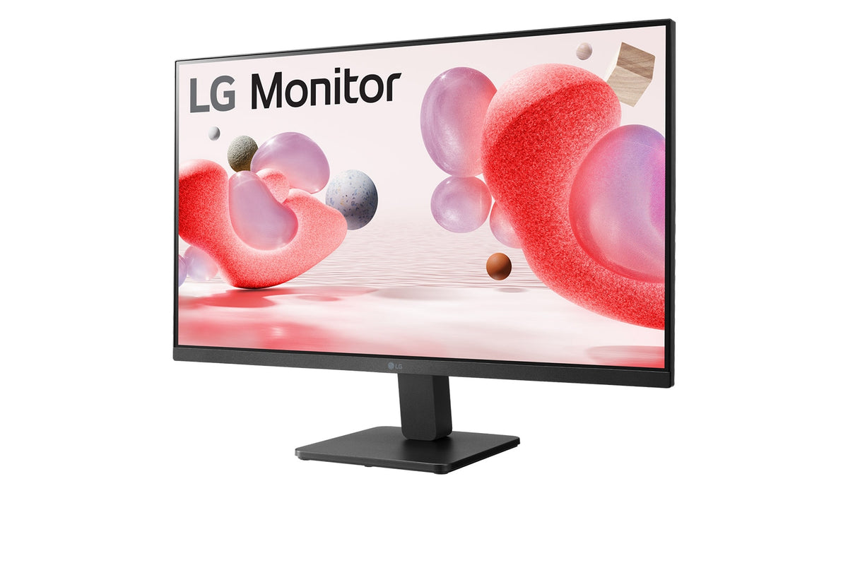 LG 27MR400-B Monitor előlnézetben talpon, balra fordítva. A kijelzőn színes formák, alakzatok és LG logó.