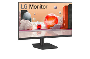 LG 27MS500-B Monitor előlnézetben talpon, enyhén jobbra fordítva. A képernyőn színes márvány szerű alakzatok.