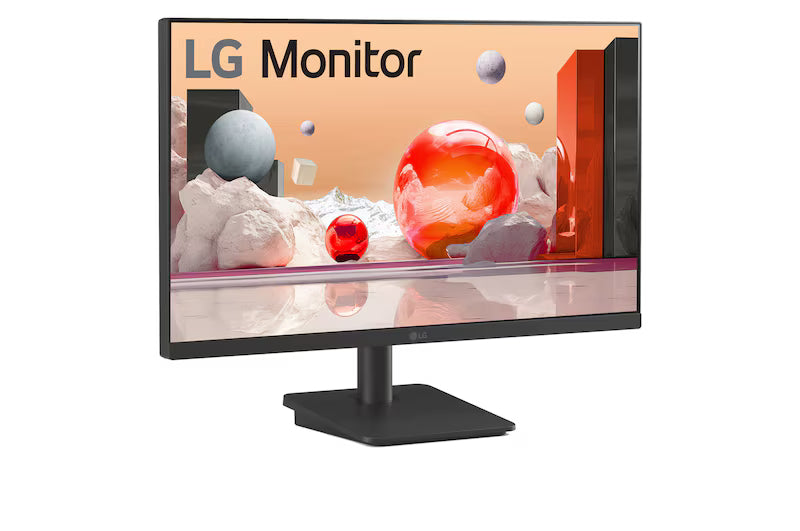 LG 27MS500-B Monitor előlnézetben talpon, enyhén jobbra fordítva. A képernyőn színes márvány szerű alakzatok.