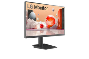 LG 27MS550-B Monitor előlnézetben, jobbra fordítava, talpon. A képernyőn színes márvány szerű alakzatok.